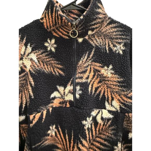 Billabong Sherpa Fleece Pullover Black Tropical Palm Leaf Zip Cozy Surf Jacket M - Picture 5 of 11